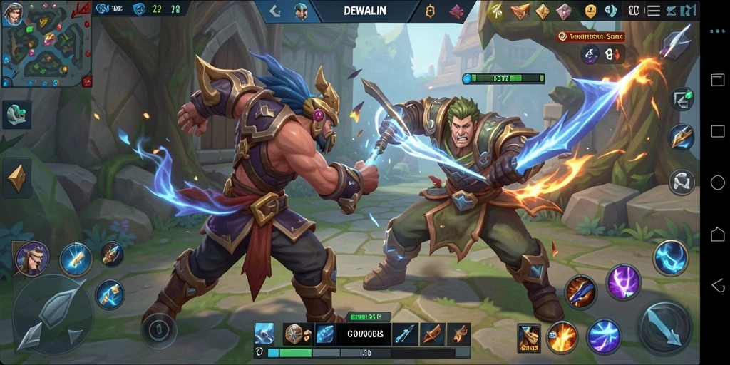 Tangkapan layar gameplay DEWALIN dengan aksi seru di arena pertempuran.