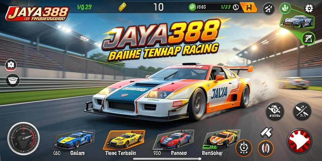 Gameplay seru di trek balap JAYA388 dengan mobil kustom.