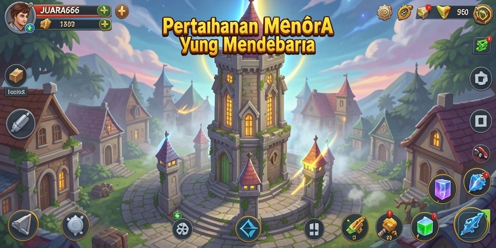 Tampilan utama gameplay JUARA666 menunjukkan pertahanan menara yang mendebarkan.